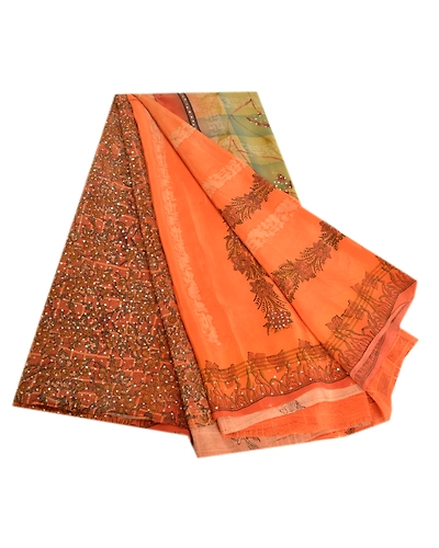 Sanskriti Vintage Sarees Orange Hand Beaded Pure Crepe Silk Printed Sari Fabric, PRC-19006-Orange-Printed Floral Design-Pure Crepe Silk-7