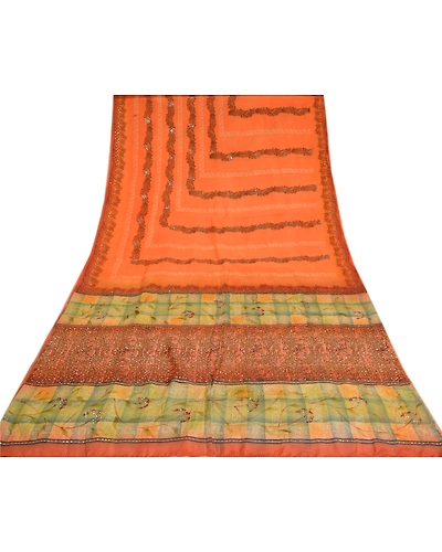 Sanskriti Vintage Sarees Orange Hand Beaded Pure Crepe Silk Printed Sari Fabric, PRC-19006-Orange-Printed Floral Design-Pure Crepe Silk-8