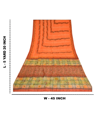 Sanskriti Vintage Sarees Orange Hand Beaded Pure Crepe Silk Printed Sari Fabric, PRC-19006-Orange-Printed Floral Design-Pure Crepe Silk-9
