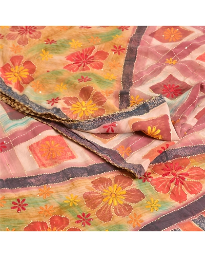 Sanskriti Vintage Sarees Hand Beaded Kantha Pure Crepe Silk Printed Sari Fabric, PRC-19007-Multi-Printed Floral Design-Pure Crepe Silk-1