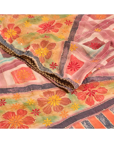Sanskriti Vintage Sarees Hand Beaded Kantha Pure Crepe Silk Printed Sari Fabric, PRC-19007-Multi-Printed Floral Design-Pure Crepe Silk-2