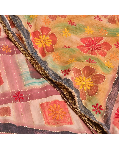Sanskriti Vintage Sarees Hand Beaded Kantha Pure Crepe Silk Printed Sari Fabric, PRC-19007-Multi-Printed Floral Design-Pure Crepe Silk-5