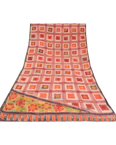 Sanskriti Vintage Sarees Hand Beaded Kantha Pure Crepe Silk Printed Sari Fabric, PRC-19007-Multi-Printed Floral Design-Pure Crepe Silk-8