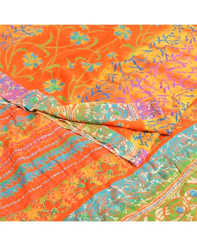 Sanskriti Vintage Sarees Orange Hand Beaded Printed Pure Crepe Silk Sari Fabric, PRC-19012-Orange-Printed Floral Design-Pure Crepe Silk-1