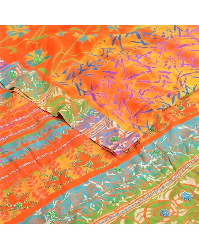Sanskriti Vintage Sarees Orange Hand Beaded Printed Pure Crepe Silk Sari Fabric, PRC-19012-Orange-Printed Floral Design-Pure Crepe Silk-2