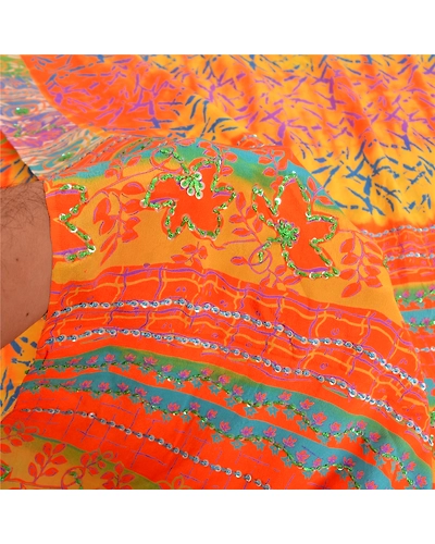 Sanskriti Vintage Sarees Orange Hand Beaded Printed Pure Crepe Silk Sari Fabric, PRC-19012-Orange-Printed Floral Design-Pure Crepe Silk-3