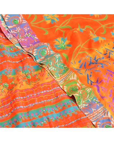 Sanskriti Vintage Sarees Orange Hand Beaded Printed Pure Crepe Silk Sari Fabric, PRC-19012-Orange-Printed Floral Design-Pure Crepe Silk-5