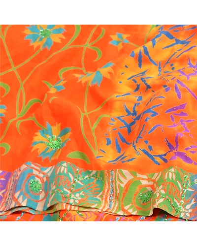 Sanskriti Vintage Sarees Orange Hand Beaded Printed Pure Crepe Silk Sari Fabric, PRC-19012-Orange-Printed Floral Design-Pure Crepe Silk-6