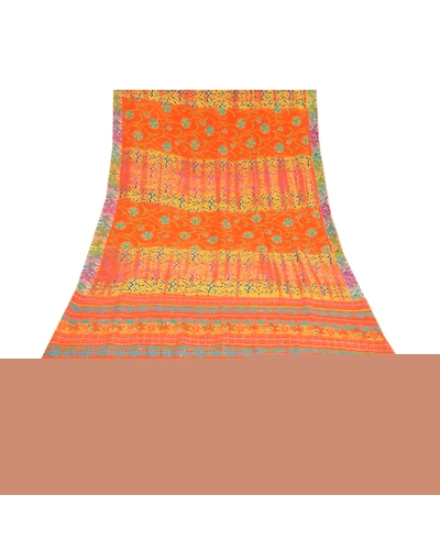 Sanskriti Vintage Sarees Orange Hand Beaded Printed Pure Crepe Silk Sari Fabric, PRC-19012-Orange-Printed Floral Design-Pure Crepe Silk-8