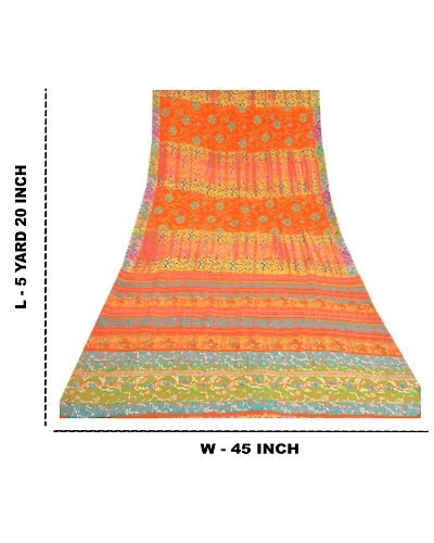 Sanskriti Vintage Sarees Orange Hand Beaded Printed Pure Crepe Silk Sari Fabric, PRC-19012-Orange-Printed Floral Design-Pure Crepe Silk-9