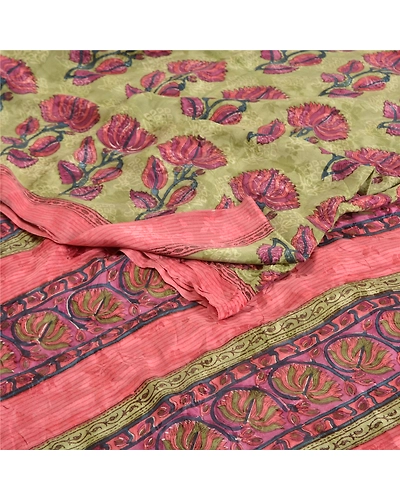 Sanskriti Vintage Sarees Green Indian Printed Pure Crepe Silk Sari Craft Fabric, PRC-19013-Green-Printed Floral Design-Pure Crepe Silk-1