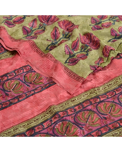 Sanskriti Vintage Sarees Green Indian Printed Pure Crepe Silk Sari Craft Fabric, PRC-19013-Green-Printed Floral Design-Pure Crepe Silk-2