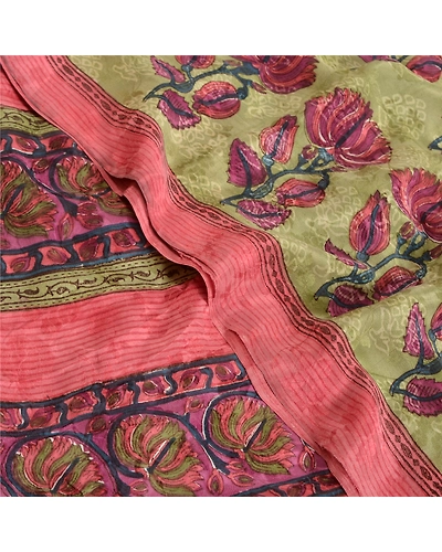 Sanskriti Vintage Sarees Green Indian Printed Pure Crepe Silk Sari Craft Fabric, PRC-19013-Green-Printed Floral Design-Pure Crepe Silk-5