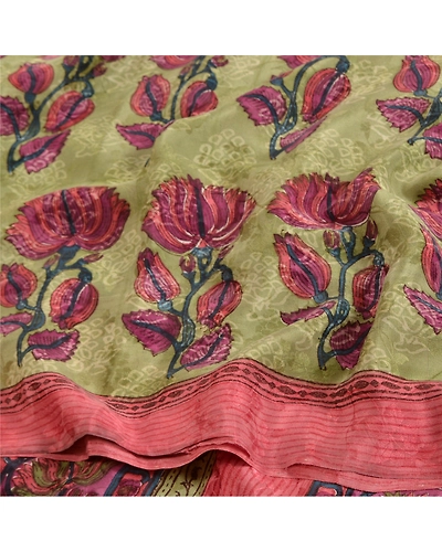 Sanskriti Vintage Sarees Green Indian Printed Pure Crepe Silk Sari Craft Fabric, PRC-19013-Green-Printed Floral Design-Pure Crepe Silk-6