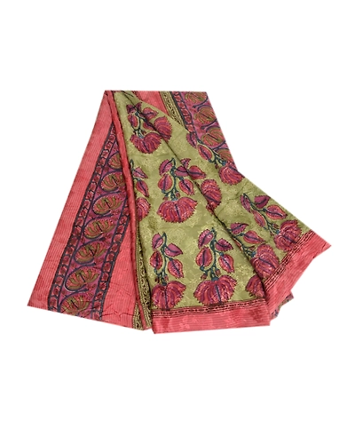 Sanskriti Vintage Sarees Green Indian Printed Pure Crepe Silk Sari Craft Fabric, PRC-19013-Green-Printed Floral Design-Pure Crepe Silk-7