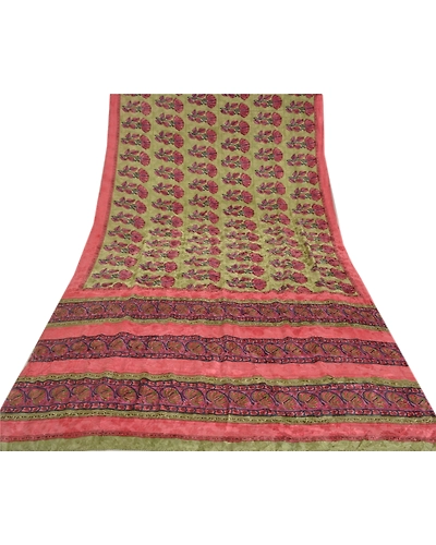 Sanskriti Vintage Sarees Green Indian Printed Pure Crepe Silk Sari Craft Fabric, PRC-19013-Green-Printed Floral Design-Pure Crepe Silk-8