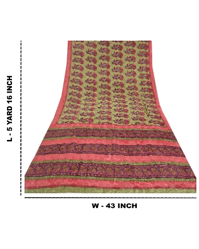 Sanskriti Vintage Sarees Green Indian Printed Pure Crepe Silk Sari Craft Fabric, PRC-19013-Green-Printed Floral Design-Pure Crepe Silk-9