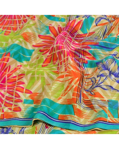Sanskriti Vintage Sarees Multi Indian Printed Pure Crepe Silk Sari Craft Fabric, PRC-19018-Multi-Printed Floral Design-Pure Crepe Silk-7