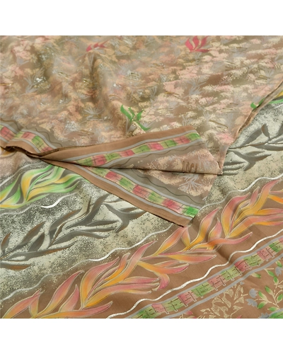Sanskriti Vintage Sarees Gray Indian Printed Pure Crepe Silk Sari Craft Fabric, PRC-19024-Gray-Printed Floral Design-Pure Crepe Silk-1