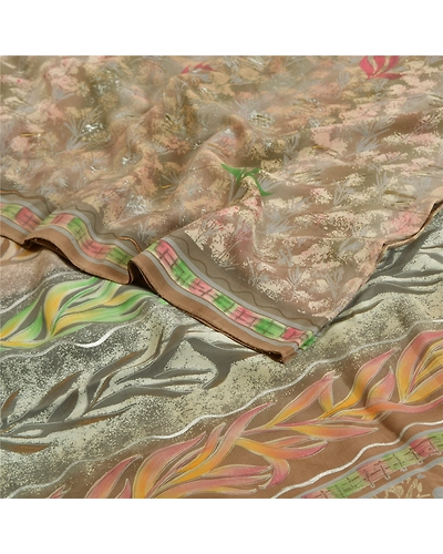 Sanskriti Vintage Sarees Gray Indian Printed Pure Crepe Silk Sari Craft Fabric, PRC-19024-Gray-Printed Floral Design-Pure Crepe Silk-2