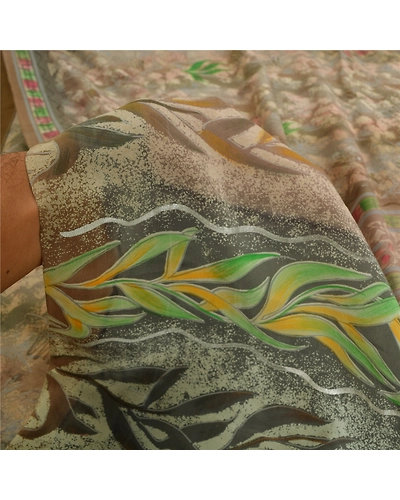 Sanskriti Vintage Sarees Gray Indian Printed Pure Crepe Silk Sari Craft Fabric, PRC-19024-Gray-Printed Floral Design-Pure Crepe Silk-3