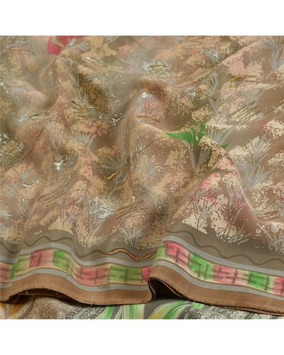 Sanskriti Vintage Sarees Gray Indian Printed Pure Crepe Silk Sari Craft Fabric, PRC-19024-Gray-Printed Floral Design-Pure Crepe Silk-6