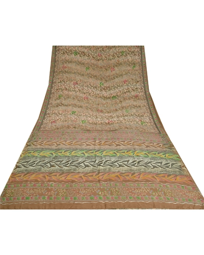 Sanskriti Vintage Sarees Gray Indian Printed Pure Crepe Silk Sari Craft Fabric, PRC-19024-Gray-Printed Floral Design-Pure Crepe Silk-8