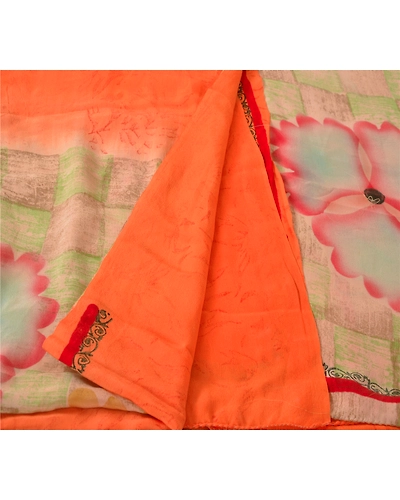 Sanskriti Vintage Printed Pure Crepe Silk Sarees Dress Making Sari Craft Fabric, PRC-1905-Orange-Printed Work With Floral &amp; Abstract Design-Pure Crepe Silk-1