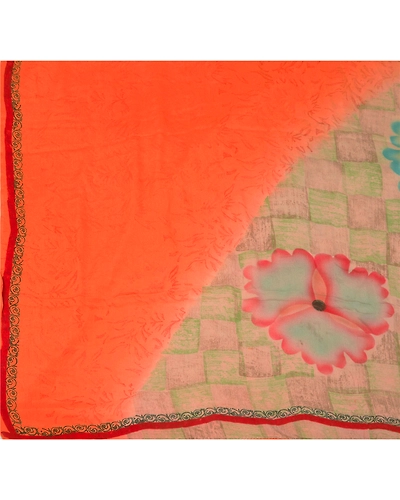 Sanskriti Vintage Printed Pure Crepe Silk Sarees Dress Making Sari Craft Fabric, PRC-1905-Orange-Printed Work With Floral &amp; Abstract Design-Pure Crepe Silk-2
