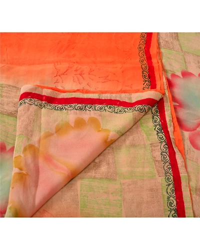 Sanskriti Vintage Printed Pure Crepe Silk Sarees Dress Making Sari Craft Fabric, PRC-1905-Orange-Printed Work With Floral &amp; Abstract Design-Pure Crepe Silk-4