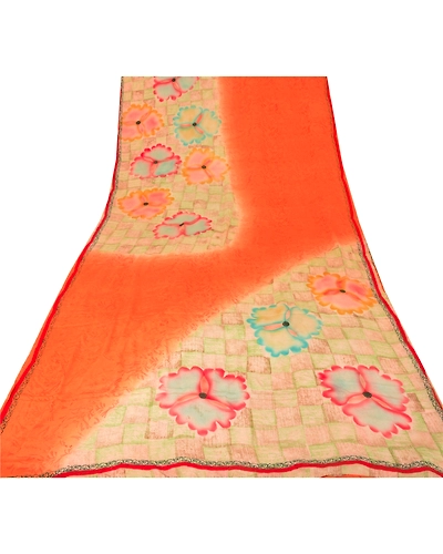 Sanskriti Vintage Printed Pure Crepe Silk Sarees Dress Making Sari Craft Fabric, PRC-1905-Orange-Printed Work With Floral &amp; Abstract Design-Pure Crepe Silk-8