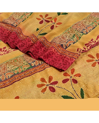 Sanskriti Vintage Sarees Red Hand Beads Kantha Print Pure Crepe Silk Sari Fabric, PRC-19072-Dark Red-Printed Floral Design-Pure Crepe Silk-2