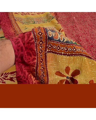 Sanskriti Vintage Sarees Red Hand Beads Kantha Print Pure Crepe Silk Sari Fabric, PRC-19072-Dark Red-Printed Floral Design-Pure Crepe Silk-3