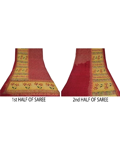Sanskriti Vintage Sarees Red Hand Beads Kantha Print Pure Crepe Silk Sari Fabric, PRC-19072-Dark Red-Printed Floral Design-Pure Crepe Silk-4