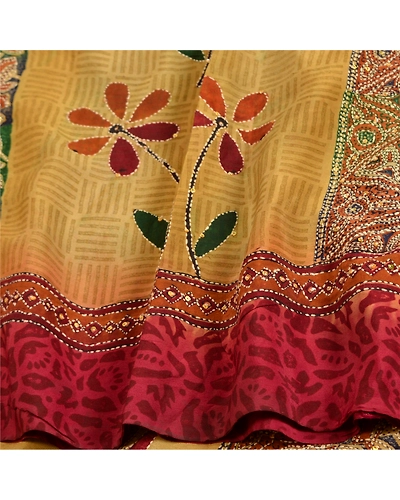 Sanskriti Vintage Sarees Red Hand Beads Kantha Print Pure Crepe Silk Sari Fabric, PRC-19072-Dark Red-Printed Floral Design-Pure Crepe Silk-6
