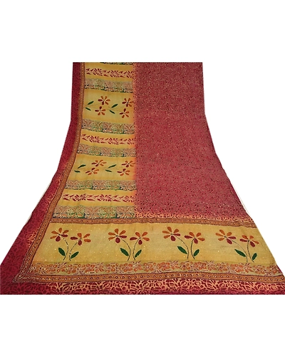 Sanskriti Vintage Sarees Red Hand Beads Kantha Print Pure Crepe Silk Sari Fabric, PRC-19072-Dark Red-Printed Floral Design-Pure Crepe Silk-8