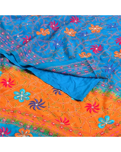 Sanskriti Vintage Sarees Blue Hand Beaded Kantha Pure Crepe Silk Sari 5Yd Fabric, PRC-19076-Blue-Printed Floral Design-Pure Crepe Silk-1