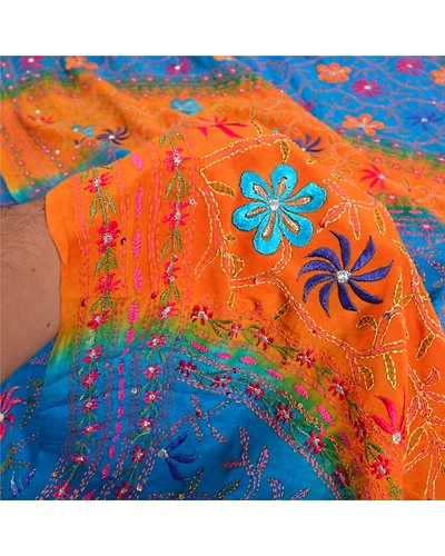 Sanskriti Vintage Sarees Blue Hand Beaded Kantha Pure Crepe Silk Sari 5Yd Fabric, PRC-19076-Blue-Printed Floral Design-Pure Crepe Silk-3