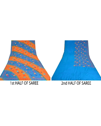 Sanskriti Vintage Sarees Blue Hand Beaded Kantha Pure Crepe Silk Sari 5Yd Fabric, PRC-19076-Blue-Printed Floral Design-Pure Crepe Silk-4