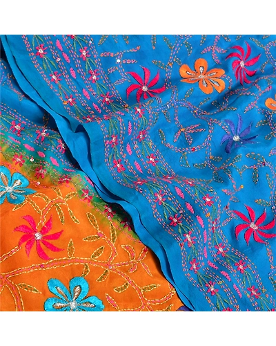 Sanskriti Vintage Sarees Blue Hand Beaded Kantha Pure Crepe Silk Sari 5Yd Fabric, PRC-19076-Blue-Printed Floral Design-Pure Crepe Silk-5
