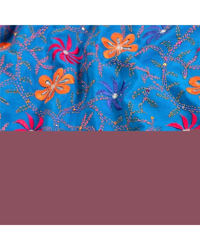 Sanskriti Vintage Sarees Blue Hand Beaded Kantha Pure Crepe Silk Sari 5Yd Fabric, PRC-19076-Blue-Printed Floral Design-Pure Crepe Silk-6