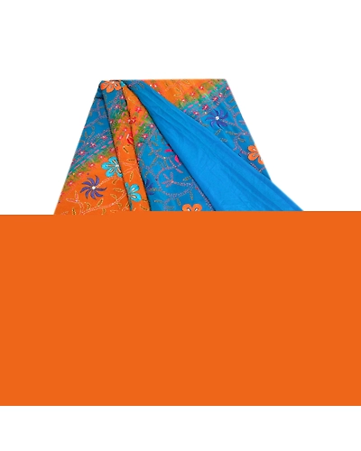 Sanskriti Vintage Sarees Blue Hand Beaded Kantha Pure Crepe Silk Sari 5Yd Fabric, PRC-19076-Blue-Printed Floral Design-Pure Crepe Silk-7