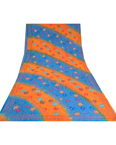 Sanskriti Vintage Sarees Blue Hand Beaded Kantha Pure Crepe Silk Sari 5Yd Fabric, PRC-19076-Blue-Printed Floral Design-Pure Crepe Silk-8
