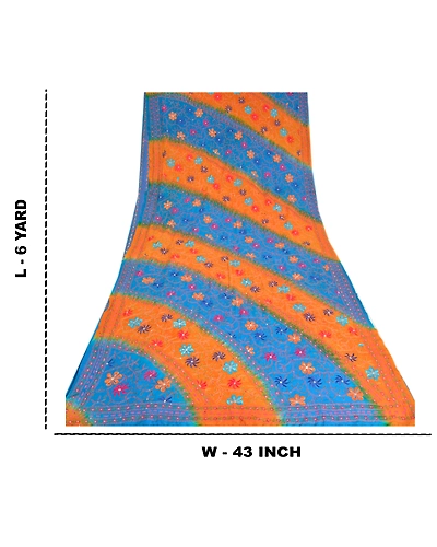 Sanskriti Vintage Sarees Blue Hand Beaded Kantha Pure Crepe Silk Sari 5Yd Fabric, PRC-19076-Blue-Printed Floral Design-Pure Crepe Silk-9