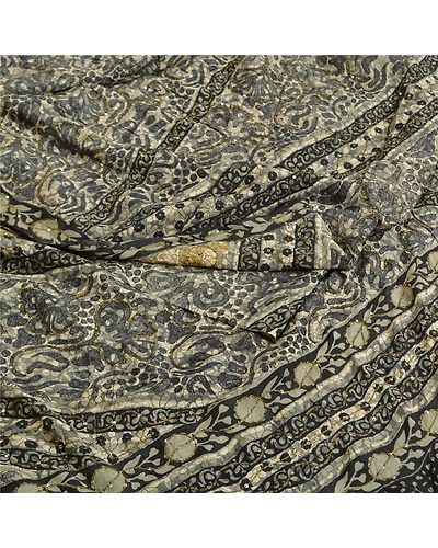 Sanskriti Vintage Sarees Black Hand Beaded Pure Crepe Silk Sari 5Yd Craft Fabric, PRC-19077-Black-Printed Floral Design-Pure Crepe Silk-1