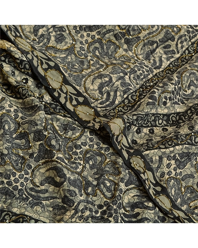 Sanskriti Vintage Sarees Black Hand Beaded Pure Crepe Silk Sari 5Yd Craft Fabric, PRC-19077-Black-Printed Floral Design-Pure Crepe Silk-5