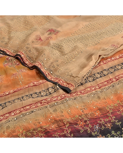 Sanskriti Vintage Sarees Multi Hand Beaded Kantha Pure Crepe Silk Sari Fabric, PRC-19078-Multi-Printed Floral Design-Pure Crepe Silk-2