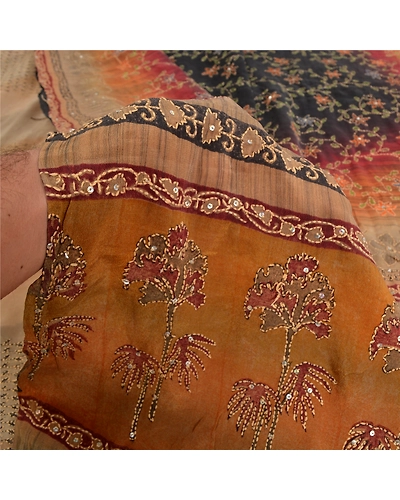 Sanskriti Vintage Sarees Multi Hand Beaded Kantha Pure Crepe Silk Sari Fabric, PRC-19078-Multi-Printed Floral Design-Pure Crepe Silk-3