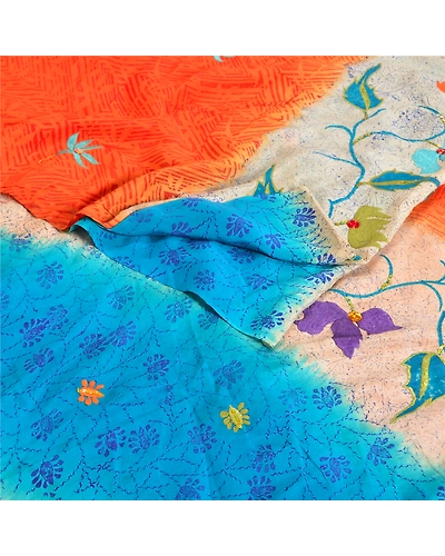 Sanskriti Vintage Sarees Orange Hand Beaded Pure Crepe Silk Printed Sari Fabric, PRC-19092-Orange-Printed Floral Design-Pure Crepe Silk-1