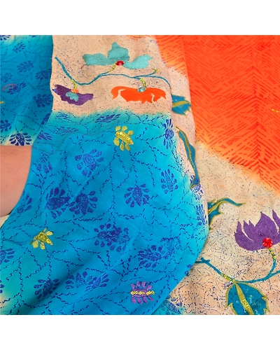 Sanskriti Vintage Sarees Orange Hand Beaded Pure Crepe Silk Printed Sari Fabric, PRC-19092-Orange-Printed Floral Design-Pure Crepe Silk-3